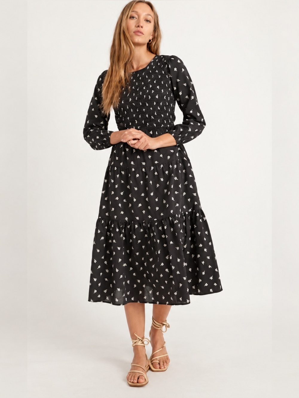 Marine Layer Camille Smocked Midi Dress Black Ditsy Floral Size Small